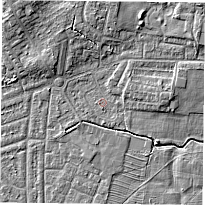 Shaded relief map of the ground around YO244PP, computed from Environment Agency LiDAR. The ground here sits at about 14 m above sea level and falls 8 m across the surrounding 800 m. Surface water reaching this point runs off ground lying to the east-north-east, 2.0 m higher.