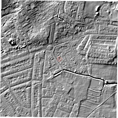 Shaded relief map of the ground around YO244PS, computed from Environment Agency LiDAR. The ground here sits at about 14 m above sea level and falls 9 m across the surrounding 800 m. Surface water reaching this point runs off ground lying to the south-south-east, 0.9 m higher.