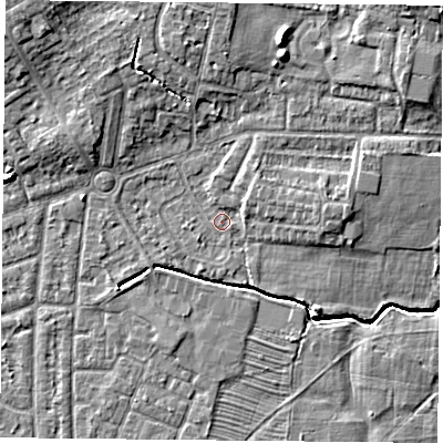 Shaded relief map of the ground around YO244PW, computed from Environment Agency LiDAR. The ground here sits at about 14 m above sea level and falls 9 m across the surrounding 800 m. Surface water reaching this point runs off ground lying to the north-east, 2.0 m higher.