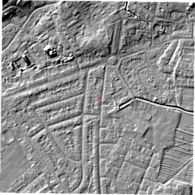 Shaded relief map of the ground around YO244QA, computed from Environment Agency LiDAR. The ground here sits at about 14 m above sea level and falls 9 m across the surrounding 800 m. Surface water reaching this point runs off ground lying to the north-north-west, 4.7 m higher.