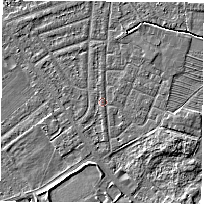 Shaded relief map of the ground around YO244QB, computed from Environment Agency LiDAR. The ground here sits at about 14 m above sea level and falls 6 m across the surrounding 800 m. Surface water reaching this point runs off ground lying to the south-south-west, 3.0 m higher.