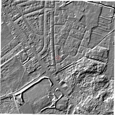 Shaded relief map of the ground around YO244QD, computed from Environment Agency LiDAR. The ground here sits at about 14 m above sea level and falls 6 m across the surrounding 800 m. Surface water reaching this point runs off ground lying to the south-south-east, 3.0 m higher.