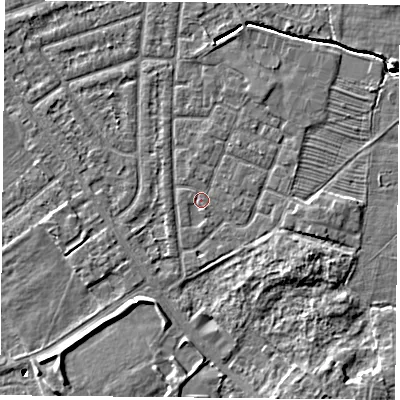 Shaded relief map of the ground around YO244QE, computed from Environment Agency LiDAR. The ground here sits at about 14 m above sea level and falls 6 m across the surrounding 800 m. Surface water reaching this point runs off ground lying to the north, 0.6 m higher.