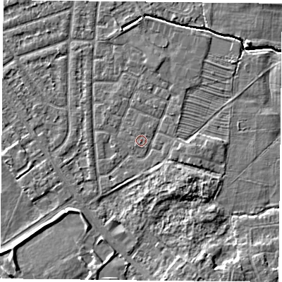 Shaded relief map of the ground around YO244QG, computed from Environment Agency LiDAR. The ground here sits at about 14 m above sea level and falls 5 m across the surrounding 800 m. Surface water reaching this point runs off ground lying to the south-west, 0.6 m higher.