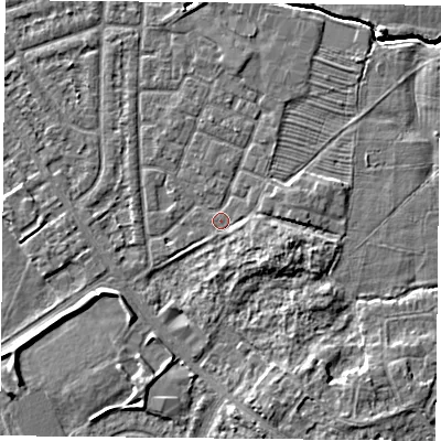 Shaded relief map of the ground around YO244QJ, computed from Environment Agency LiDAR. The ground here sits at about 14 m above sea level and falls 5 m across the surrounding 800 m. Surface water reaching this point runs off ground lying to the east-north-east, 1.3 m higher.
