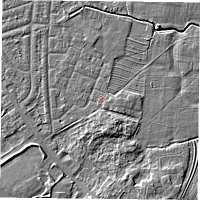 Shaded relief map of the ground around YO244QN, computed from Environment Agency LiDAR. The ground here sits at about 14 m above sea level and falls 5 m across the surrounding 800 m. The ground contributing surface water to this point lies to the south-south-west.