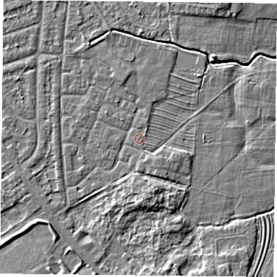 Shaded relief map of the ground around YO244QP, computed from Environment Agency LiDAR. The ground here sits at about 14 m above sea level and falls 5 m across the surrounding 800 m. Surface water reaching this point runs off ground lying to the south-south-east, 1.7 m higher.