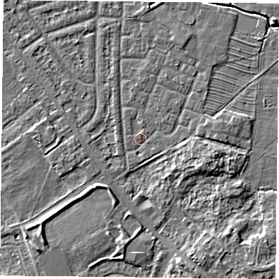 Shaded relief map of the ground around YO244QQ, computed from Environment Agency LiDAR. The ground here sits at about 13 m above sea level and falls 6 m across the surrounding 800 m. Surface water reaching this point runs off ground lying to the south-south-east, 3.0 m higher.
