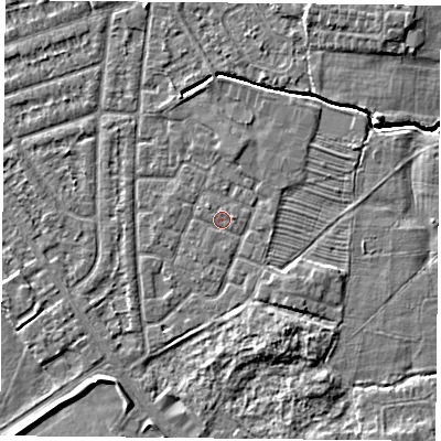 Shaded relief map of the ground around YO244QR, computed from Environment Agency LiDAR. The ground here sits at about 14 m above sea level and falls 5 m across the surrounding 800 m. Surface water reaching this point runs off ground lying to the east, 0.8 m higher.