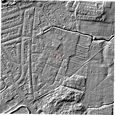 Shaded relief map of the ground around YO244QU, computed from Environment Agency LiDAR. The ground here sits at about 13 m above sea level and falls 9 m across the surrounding 800 m. Surface water reaching this point runs off ground lying to the south, 0.8 m higher.