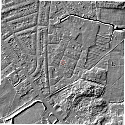 Shaded relief map of the ground around YO244QX, computed from Environment Agency LiDAR. The ground here sits at about 13 m above sea level and falls 5 m across the surrounding 800 m. Surface water reaching this point runs off ground lying to the east-south-east, 1.4 m higher.
