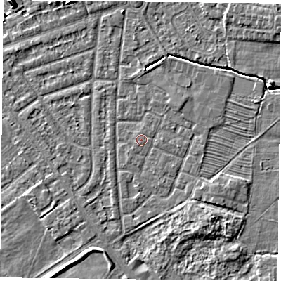 Shaded relief map of the ground around YO244QY, computed from Environment Agency LiDAR. The ground here sits at about 14 m above sea level and falls 8 m across the surrounding 800 m. Surface water reaching this point runs off ground lying to the south-south-east, 2.7 m higher.