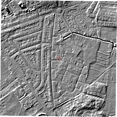 Shaded relief map of the ground around YO244QZ, computed from Environment Agency LiDAR. The ground here sits at about 14 m above sea level and falls 9 m across the surrounding 800 m. Surface water reaching this point runs off ground lying to the east-north-east, 1.1 m higher.