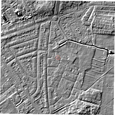 Shaded relief map of the ground around YO244RA, computed from Environment Agency LiDAR. The ground here sits at about 14 m above sea level and falls 9 m across the surrounding 800 m. Surface water reaching this point runs off ground lying to the east-south-east, 1.2 m higher.