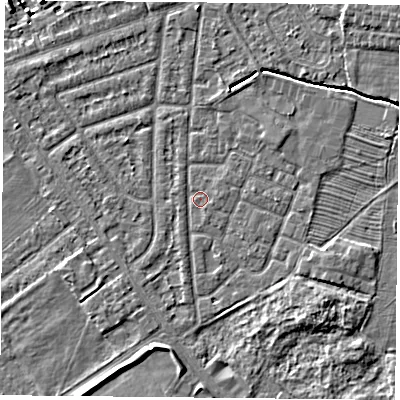 Shaded relief map of the ground around YO244RB, computed from Environment Agency LiDAR. The ground here sits at about 13 m above sea level and falls 5 m across the surrounding 800 m. Surface water reaching this point runs off ground lying to the south-south-west, 3.0 m higher.
