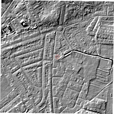 Shaded relief map of the ground around YO244RD, computed from Environment Agency LiDAR. The ground here sits at about 13 m above sea level and falls 9 m across the surrounding 800 m. Surface water reaching this point runs off ground lying to the north-north-west, 4.9 m higher.