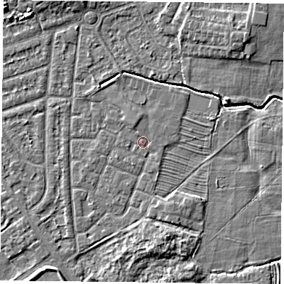 Shaded relief map of the ground around YO244RF, computed from Environment Agency LiDAR. The ground here sits at about 14 m above sea level and falls 9 m across the surrounding 800 m. Surface water reaching this point runs off ground lying to the north-north-west, 1.0 m higher.