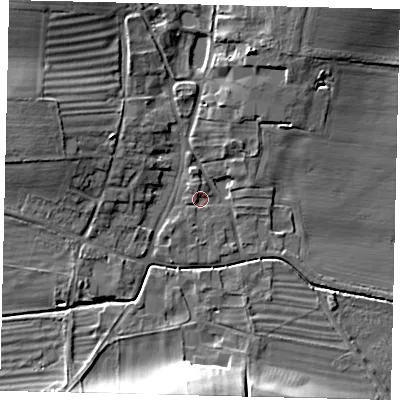 Shaded relief map of the ground around YO253AN, computed from Environment Agency LiDAR. The ground here sits at about 39 m above sea level and falls 15 m across the surrounding 800 m. Surface water reaching this point runs off ground lying to the north-north-west, 1.8 m higher.