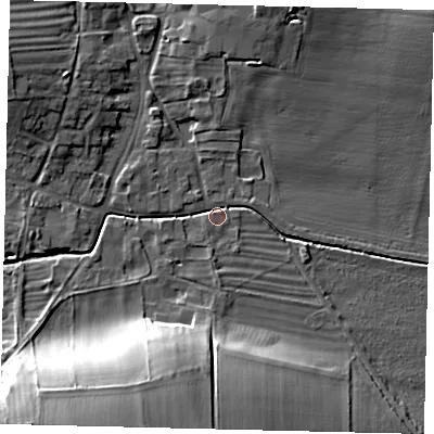 Shaded relief map of the ground around YO253NZ, computed from Environment Agency LiDAR. The ground here sits at about 38 m above sea level and falls 22 m across the surrounding 800 m. Surface water reaching this point runs off ground lying to the south-west, 21.5 m higher.