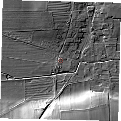 Shaded relief map of the ground around YO253PA, computed from Environment Agency LiDAR. The ground here sits at about 39 m above sea level and falls 21 m across the surrounding 800 m. Surface water reaching this point runs off ground lying to the south-south-west, 1.5 m higher.