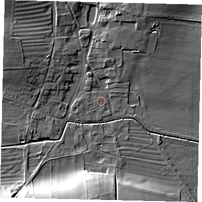 Shaded relief map of the ground around YO253PB, computed from Environment Agency LiDAR. The ground here sits at about 39 m above sea level and falls 18 m across the surrounding 800 m. The ground contributing surface water to this point lies to the south-south-east.