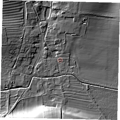 Shaded relief map of the ground around YO253PD, computed from Environment Agency LiDAR. The ground here sits at about 39 m above sea level and falls 17 m across the surrounding 800 m. Surface water reaching this point runs off ground lying to the north-north-east, 9.4 m higher.