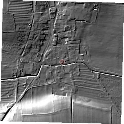 Shaded relief map of the ground around YO253PE, computed from Environment Agency LiDAR. The ground here sits at about 39 m above sea level and falls 21 m across the surrounding 800 m. Surface water reaching this point runs off ground lying to the south-south-west, 20.4 m higher.