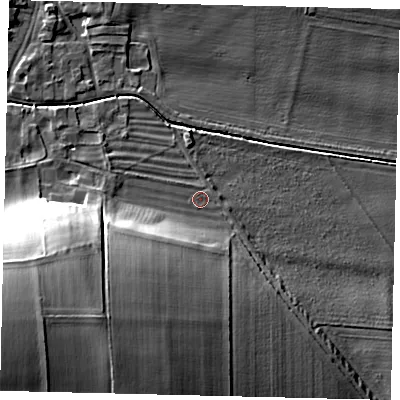Shaded relief map of the ground around YO253PF, computed from Environment Agency LiDAR. The ground here sits at about 38 m above sea level and falls 24 m across the surrounding 800 m. Surface water reaching this point runs off ground lying to the south-south-west, 19.2 m higher.