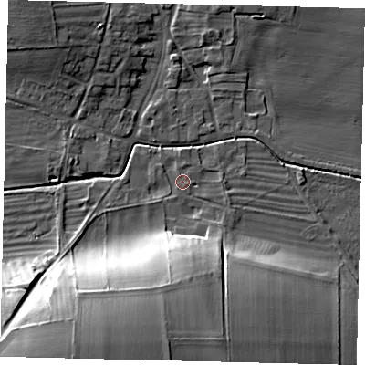 Shaded relief map of the ground around YO253PG, computed from Environment Agency LiDAR. The ground here sits at about 39 m above sea level and falls 25 m across the surrounding 800 m. Surface water reaching this point runs off ground lying to the south-south-west, 23.2 m higher.