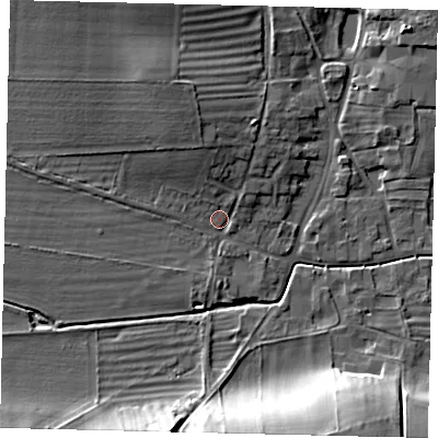 Shaded relief map of the ground around YO253PH, computed from Environment Agency LiDAR. The ground here sits at about 40 m above sea level and falls 18 m across the surrounding 800 m. Surface water reaching this point runs off ground lying to the north-north-west, 6.6 m higher.