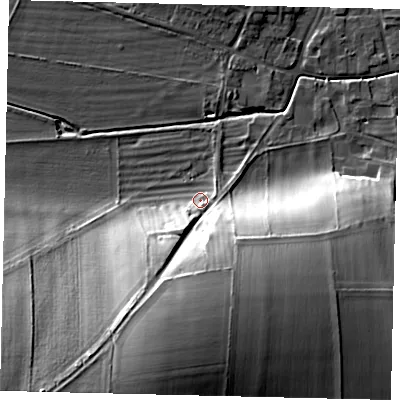 Shaded relief map of the ground around YO253PQ, computed from Environment Agency LiDAR. The ground here sits at about 41 m above sea level and falls 36 m across the surrounding 800 m. Surface water reaching this point runs off ground lying to the south-west, 30.9 m higher.