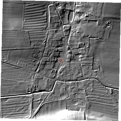 Shaded relief map of the ground around YO253PR, computed from Environment Agency LiDAR. The ground here sits at about 39 m above sea level and falls 15 m across the surrounding 800 m. Surface water reaching this point runs off ground lying to the north-west, 4.2 m higher.