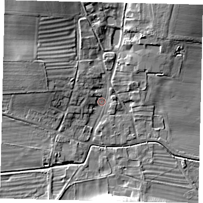 Shaded relief map of the ground around YO253QB, computed from Environment Agency LiDAR. The ground here sits at about 39 m above sea level and falls 12 m across the surrounding 800 m. Surface water reaching this point runs off ground lying to the north-west, 4.1 m higher.