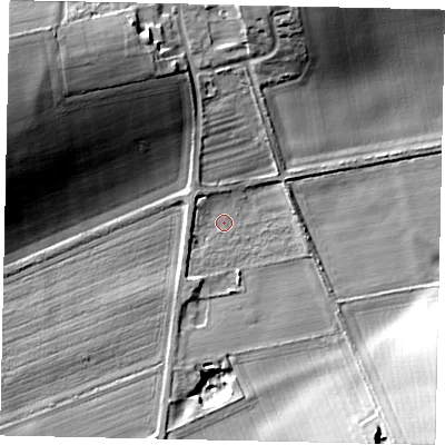 Shaded relief map of the ground around YO253QE, computed from Environment Agency LiDAR. The ground here sits at about 56 m above sea level and falls 25 m across the surrounding 800 m. Surface water reaching this point runs off ground lying to the south-east, 12.4 m higher.