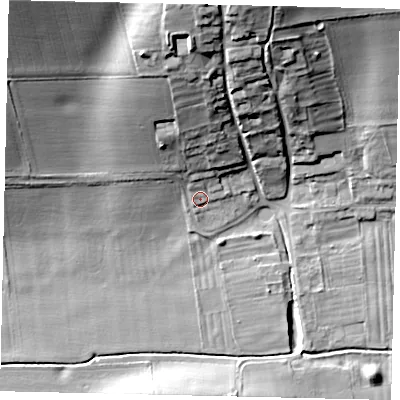 Shaded relief map of the ground around YO253YE, computed from Environment Agency LiDAR. The ground here sits at about 49 m above sea level and falls 31 m across the surrounding 800 m. Surface water reaching this point runs off ground lying to the north, 25.2 m higher.