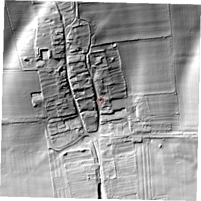 Shaded relief map of the ground around YO253YJ, computed from Environment Agency LiDAR. The ground here sits at about 54 m above sea level and falls 35 m across the surrounding 800 m. Surface water reaching this point runs off ground lying to the north-north-west, 24.2 m higher.