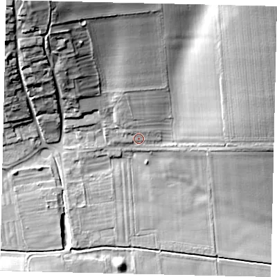 Shaded relief map of the ground around YO253YL, computed from Environment Agency LiDAR. The ground here sits at about 49 m above sea level and falls 31 m across the surrounding 800 m. Surface water reaching this point runs off ground lying to the north-east, 20.8 m higher.