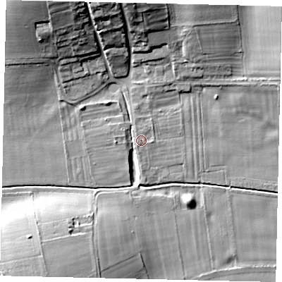 Shaded relief map of the ground around YO253YN, computed from Environment Agency LiDAR. The ground here sits at about 47 m above sea level and falls 19 m across the surrounding 800 m. Surface water reaching this point runs off ground lying to the north-north-west, 19.3 m higher.