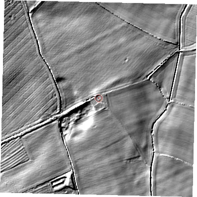 Shaded relief map of the ground around YO254AR, computed from Environment Agency LiDAR. The ground here sits at about 14 m above sea level and falls 10 m across the surrounding 800 m. Surface water reaching this point runs off ground lying to the north-north-west, 1.0 m higher.