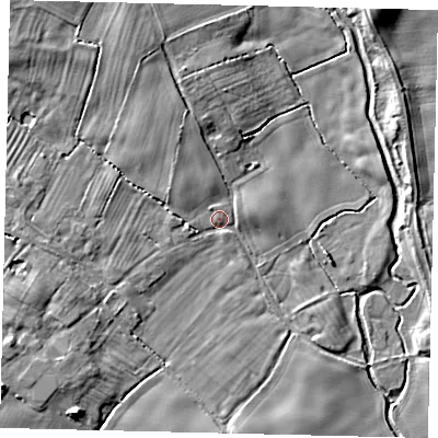 Shaded relief map of the ground around YO254AU, computed from Environment Agency LiDAR. The ground here sits at about 13 m above sea level and falls 8 m across the surrounding 800 m. Surface water reaching this point runs off ground lying to the north-north-west, 4.2 m higher.