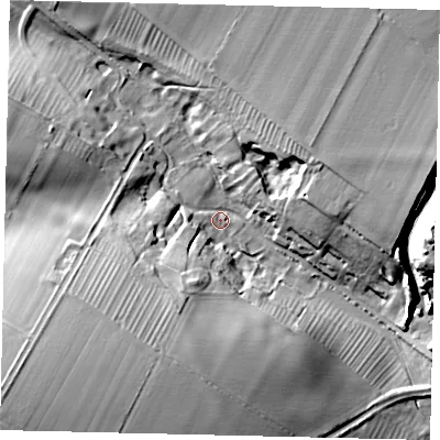Shaded relief map of the ground around YO254DG, computed from Environment Agency LiDAR. The ground here sits at about 25 m above sea level and falls 34 m across the surrounding 800 m. Surface water reaching this point runs off ground lying to the south-west, 33.3 m higher.