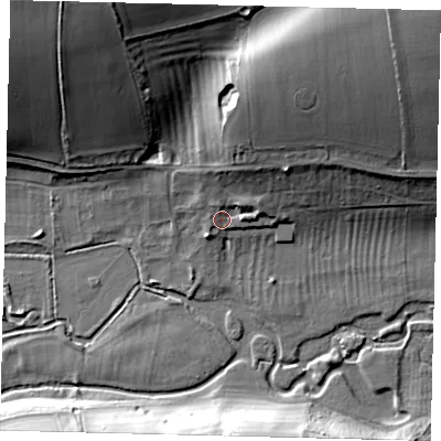 Shaded relief map of the ground around YO254JE, computed from Environment Agency LiDAR. The ground here sits at about 27 m above sea level and falls 31 m across the surrounding 800 m. Surface water reaching this point runs off ground lying to the north-north-east, 18.7 m higher.