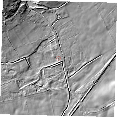 Shaded relief map of the ground around YO254NJ, computed from Environment Agency LiDAR. The ground here sits at about 13 m above sea level and falls 18 m across the surrounding 800 m. Surface water reaching this point runs off ground lying to the north, 2.5 m higher.