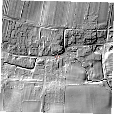 Shaded relief map of the ground around YO254RG, computed from Environment Agency LiDAR. The ground here sits at about 24 m above sea level and falls 13 m across the surrounding 800 m. Surface water reaching this point runs off ground lying to the north-west, 9.3 m higher.