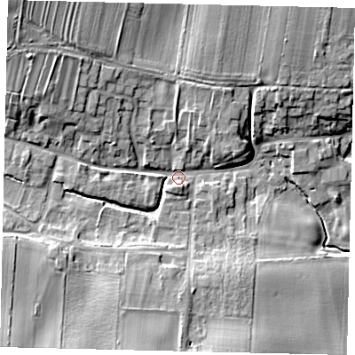 Shaded relief map of the ground around YO254RH, computed from Environment Agency LiDAR. The ground here sits at about 25 m above sea level and falls 15 m across the surrounding 800 m. Surface water reaching this point runs off ground lying to the north-west, 12.1 m higher.