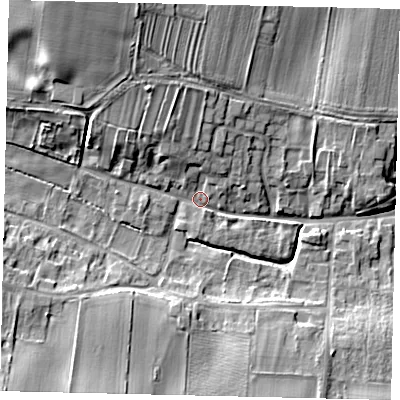 Shaded relief map of the ground around YO254RL, computed from Environment Agency LiDAR. The ground here sits at about 27 m above sea level and falls 15 m across the surrounding 800 m. Surface water reaching this point runs off ground lying to the north-north-west, 6.3 m higher.