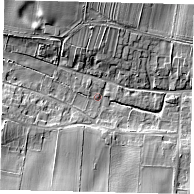 Shaded relief map of the ground around YO254RP, computed from Environment Agency LiDAR. The ground here sits at about 28 m above sea level and falls 20 m across the surrounding 800 m. Surface water reaching this point runs off ground lying to the south-west, 18.2 m higher.