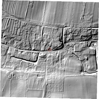 Shaded relief map of the ground around YO254RQ, computed from Environment Agency LiDAR. The ground here sits at about 25 m above sea level and falls 14 m across the surrounding 800 m. Surface water reaching this point runs off ground lying to the north-west, 10.9 m higher.