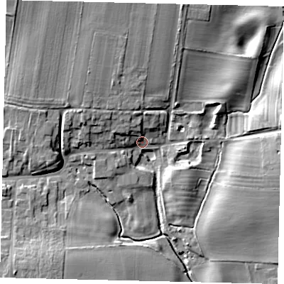 Shaded relief map of the ground around YO254SG, computed from Environment Agency LiDAR. The ground here sits at about 25 m above sea level and falls 14 m across the surrounding 800 m. Surface water reaching this point runs off ground lying to the north-north-west, 6.2 m higher.