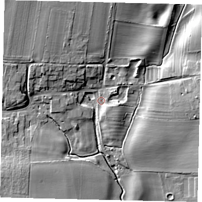 Shaded relief map of the ground around YO254SQ, computed from Environment Agency LiDAR. The ground here sits at about 24 m above sea level and falls 14 m across the surrounding 800 m. Surface water reaching this point runs off ground lying to the north-north-west, 9.9 m higher.